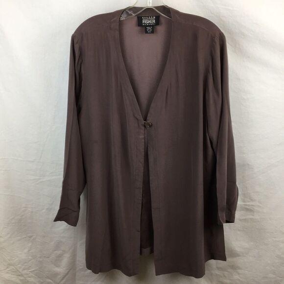 Eileen Fisher Brown Top Button Front Silk Tunic Top M/L - Picture 4 of 12